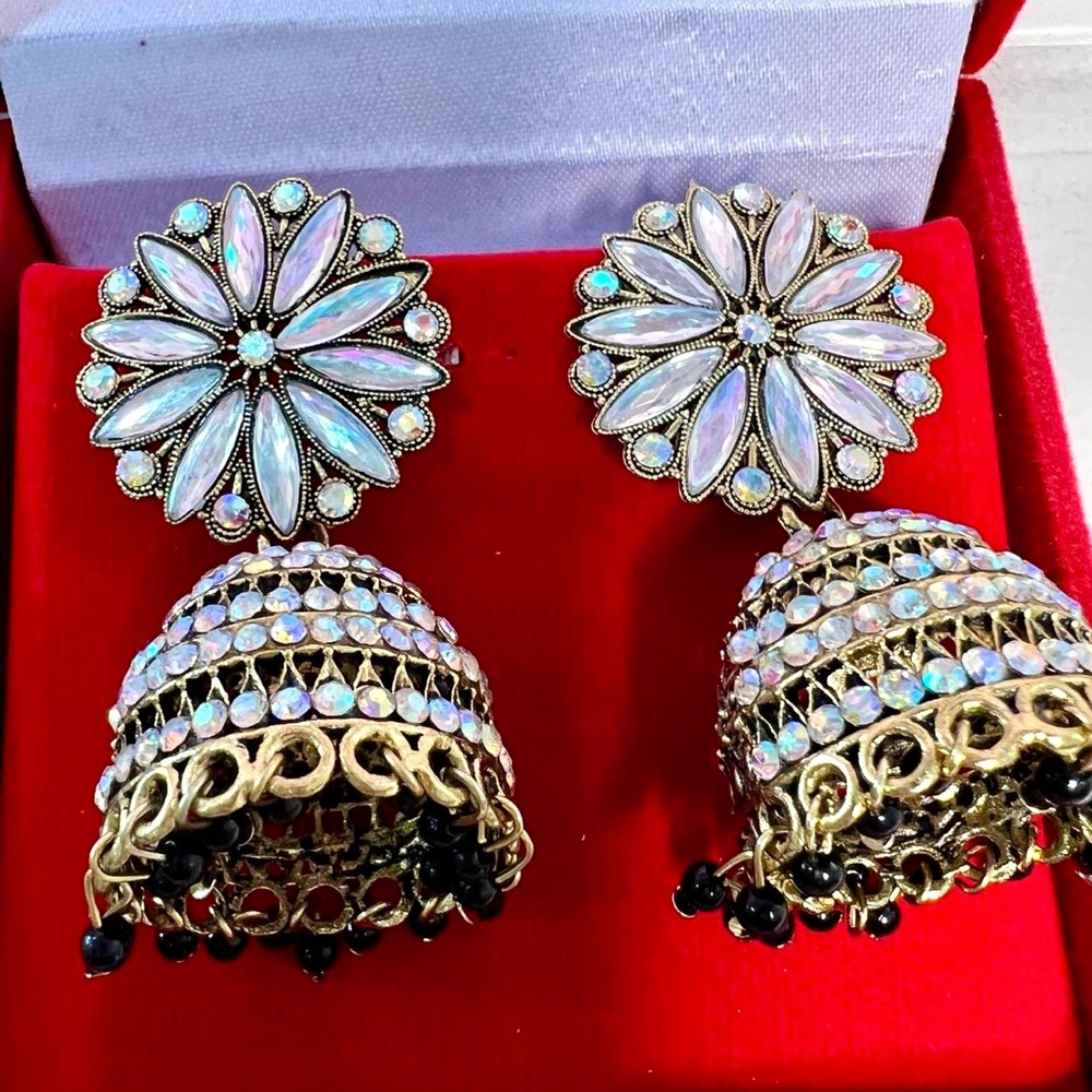 Iridescent White Floral Jhumka Earrings